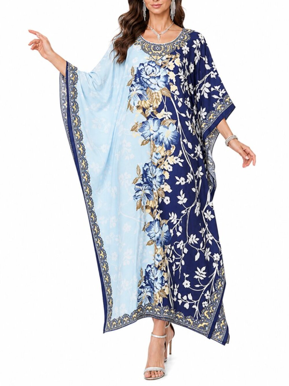 Plus Size Floral Printed Caftan Dress Round Neck Maxi Dresses Kimono Sleeve